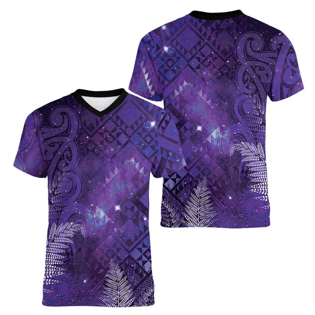 Aotearoa Taniko Matariki Women V-Neck T-Shirt Cosmic Violet LT7 - Polynesian Pride