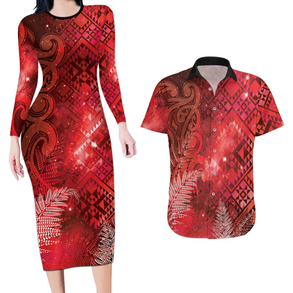Aotearoa Taniko Matariki Couples Matching Long Sleeve Bodycon Dress and Hawaiian Shirt Cosmic Red