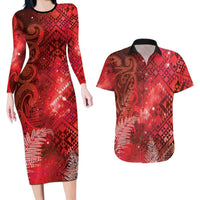 Aotearoa Taniko Matariki Couples Matching Long Sleeve Bodycon Dress and Hawaiian Shirt Cosmic Red