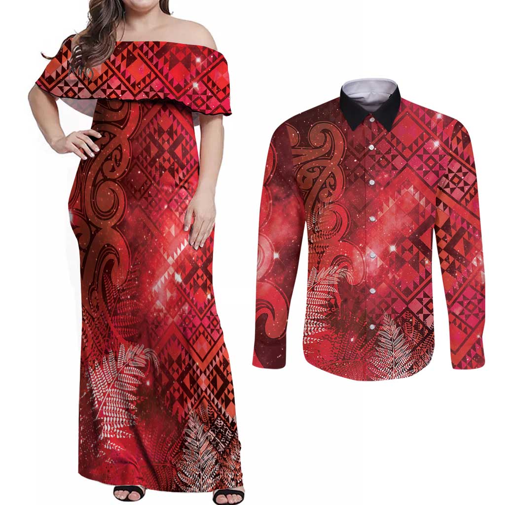 Aotearoa Taniko Matariki Couples Matching Off Shoulder Maxi Dress and Long Sleeve Button Shirt Cosmic Red