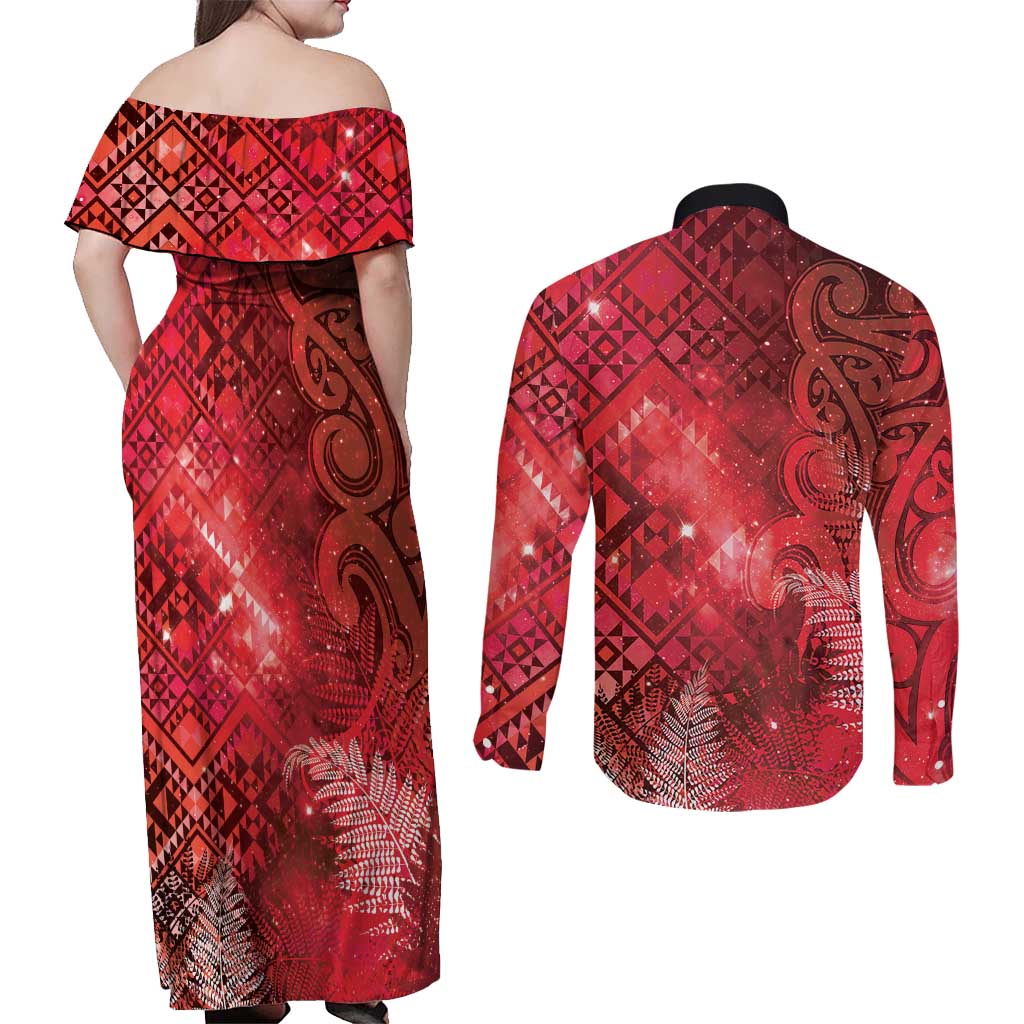 Aotearoa Taniko Matariki Couples Matching Off Shoulder Maxi Dress and Long Sleeve Button Shirt Cosmic Red