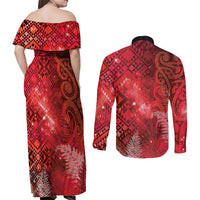 Aotearoa Taniko Matariki Couples Matching Off Shoulder Maxi Dress and Long Sleeve Button Shirt Cosmic Red