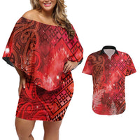 Aotearoa Taniko Matariki Couples Matching Off Shoulder Short Dress and Hawaiian Shirt Cosmic Red LT7 Red - Polynesian Pride