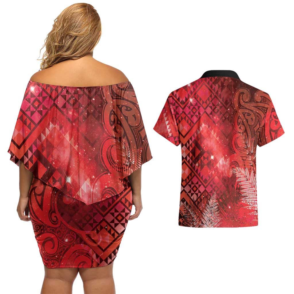 Aotearoa Taniko Matariki Couples Matching Off Shoulder Short Dress and Hawaiian Shirt Cosmic Red LT7 - Polynesian Pride