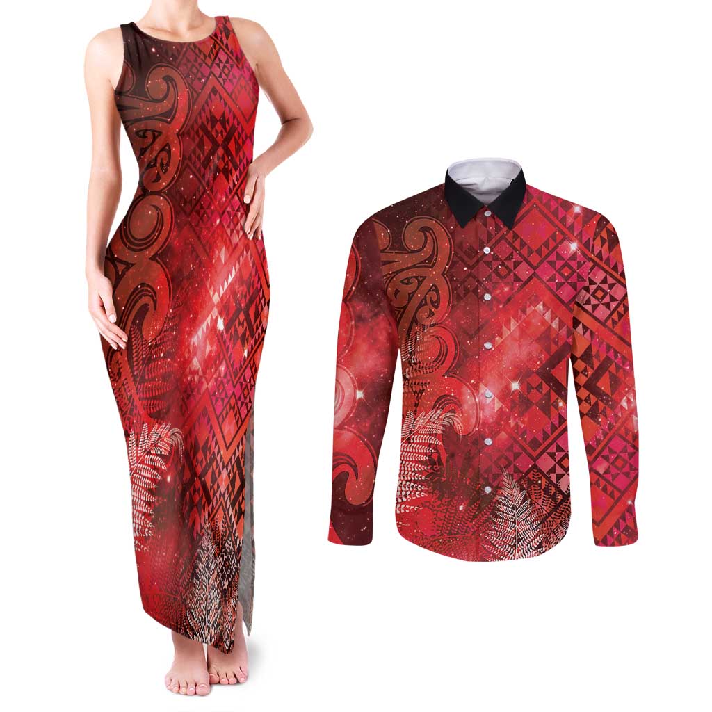 Aotearoa Taniko Matariki Couples Matching Tank Maxi Dress and Long Sleeve Button Shirt Cosmic Red LT7 Red - Polynesian Pride