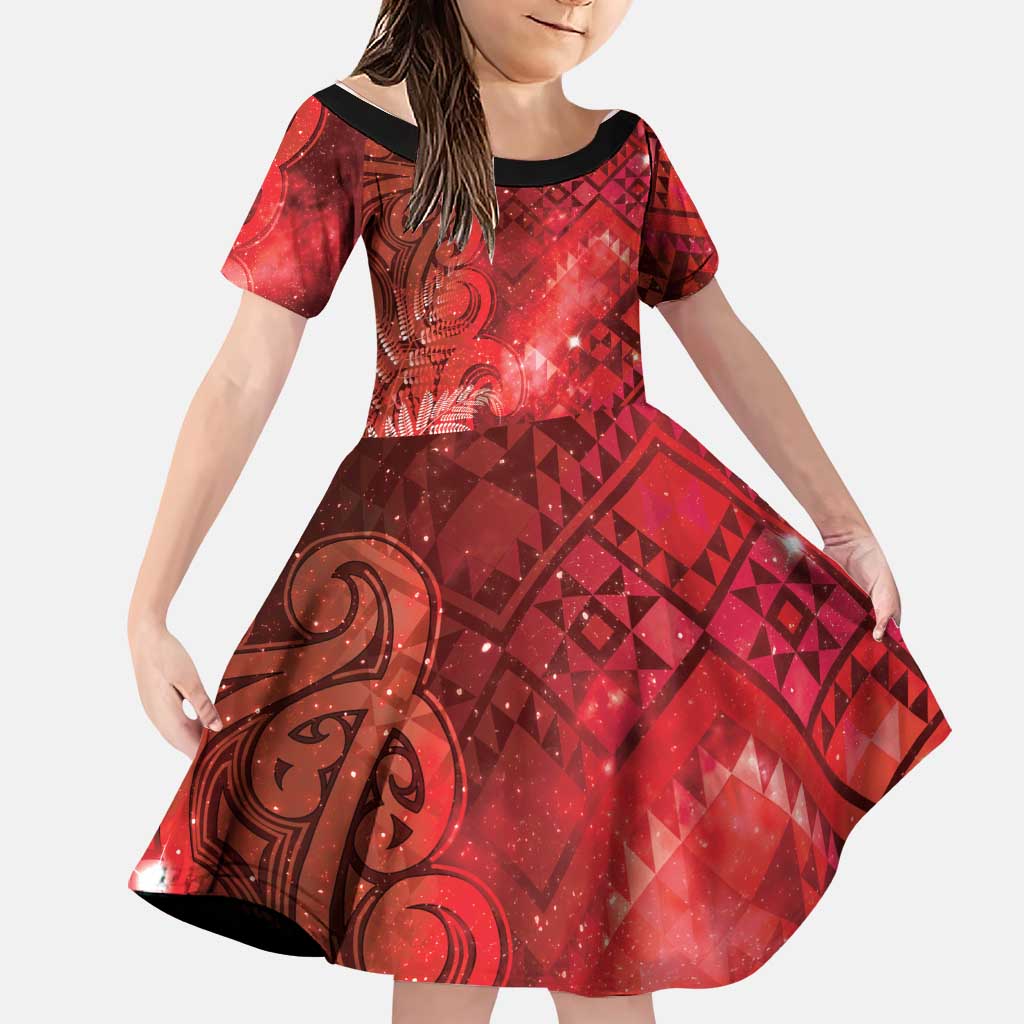 Aotearoa Taniko Matariki Family Matching Off The Shoulder Long Sleeve Dress and Hawaiian Shirt Cosmic Red