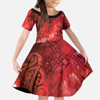 Aotearoa Taniko Matariki Family Matching Off The Shoulder Long Sleeve Dress and Hawaiian Shirt Cosmic Red
