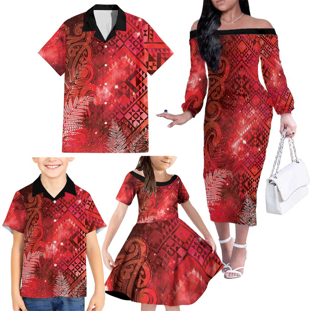 Aotearoa Taniko Matariki Family Matching Off The Shoulder Long Sleeve Dress and Hawaiian Shirt Cosmic Red