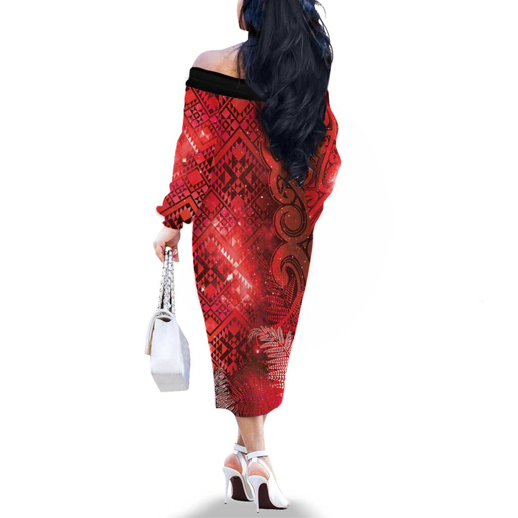 Aotearoa Taniko Matariki Family Matching Off The Shoulder Long Sleeve Dress and Hawaiian Shirt Cosmic Red
