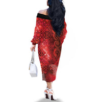 Aotearoa Taniko Matariki Family Matching Off The Shoulder Long Sleeve Dress and Hawaiian Shirt Cosmic Red