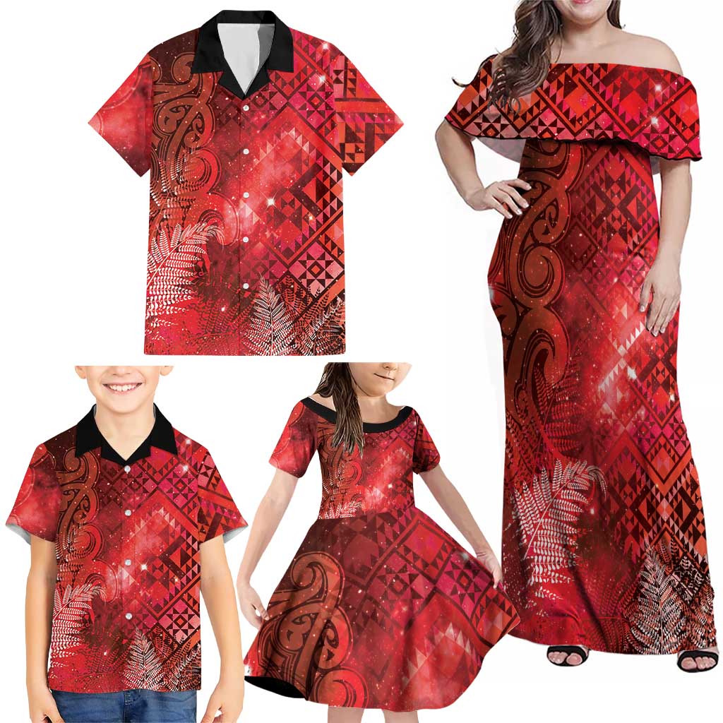 Aotearoa Taniko Matariki Family Matching Off Shoulder Maxi Dress and Hawaiian Shirt Cosmic Red LT7 - Polynesian Pride