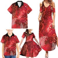Aotearoa Taniko Matariki Family Matching Summer Maxi Dress and Hawaiian Shirt Cosmic Red