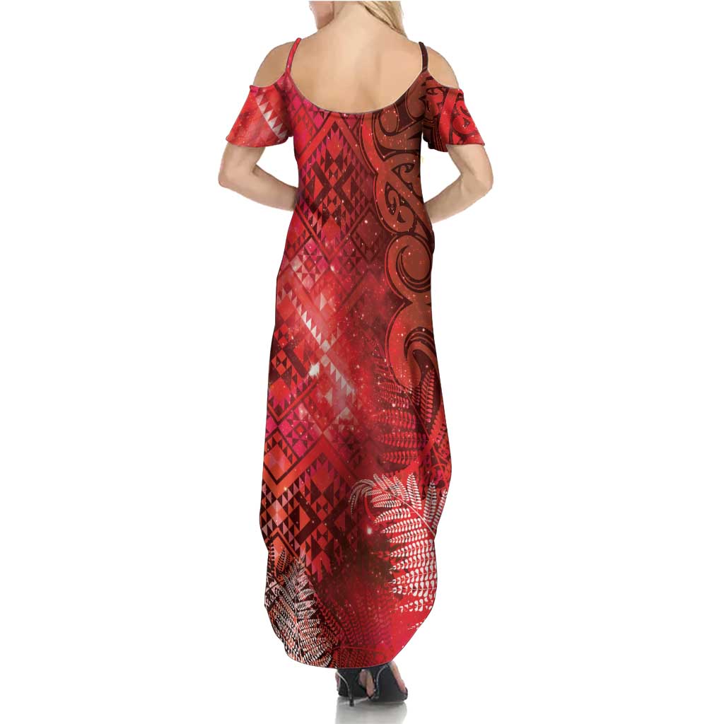 Aotearoa Taniko Matariki Family Matching Summer Maxi Dress and Hawaiian Shirt Cosmic Red