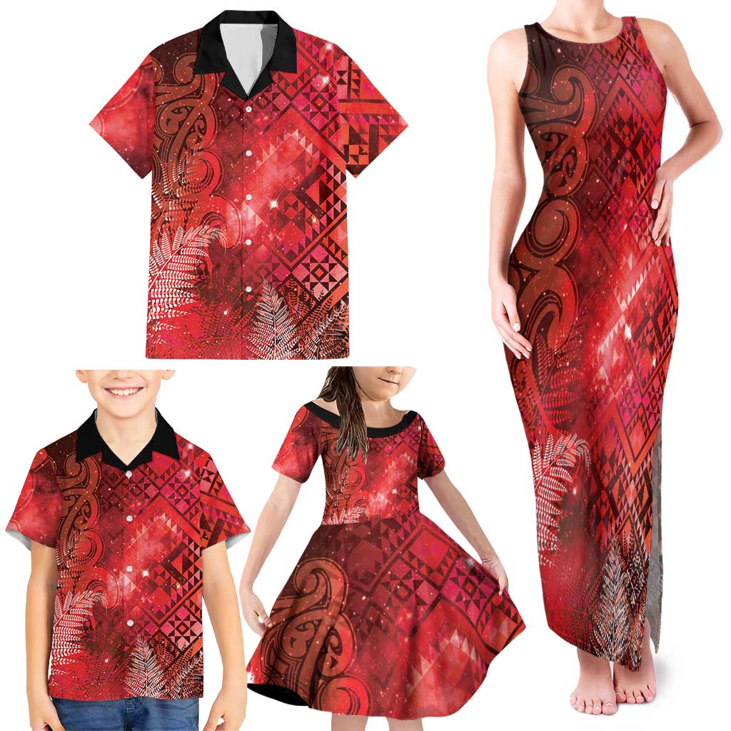 Aotearoa Taniko Matariki Family Matching Tank Maxi Dress and Hawaiian Shirt Cosmic Red LT7 - Polynesian Pride