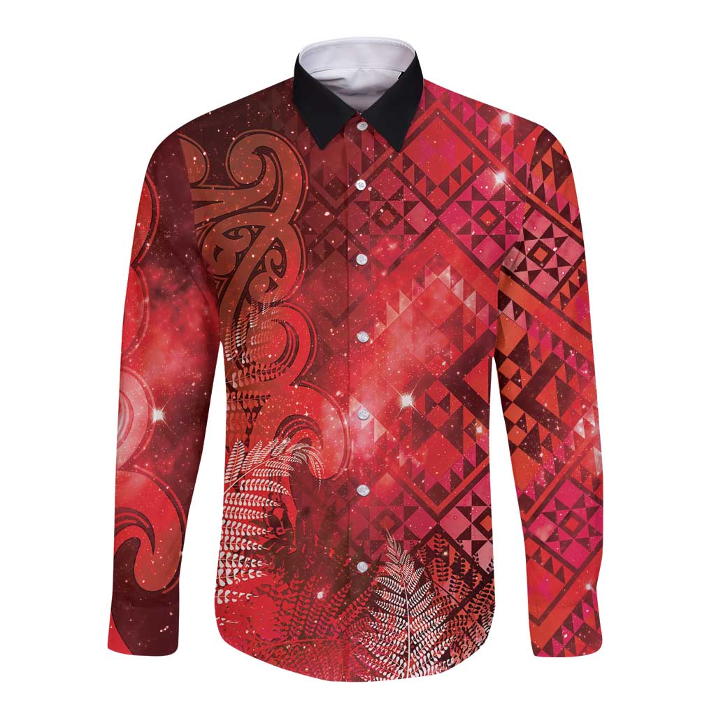Aotearoa Taniko Matariki Long Sleeve Button Shirt Cosmic Red LT7 Unisex Red - Polynesian Pride