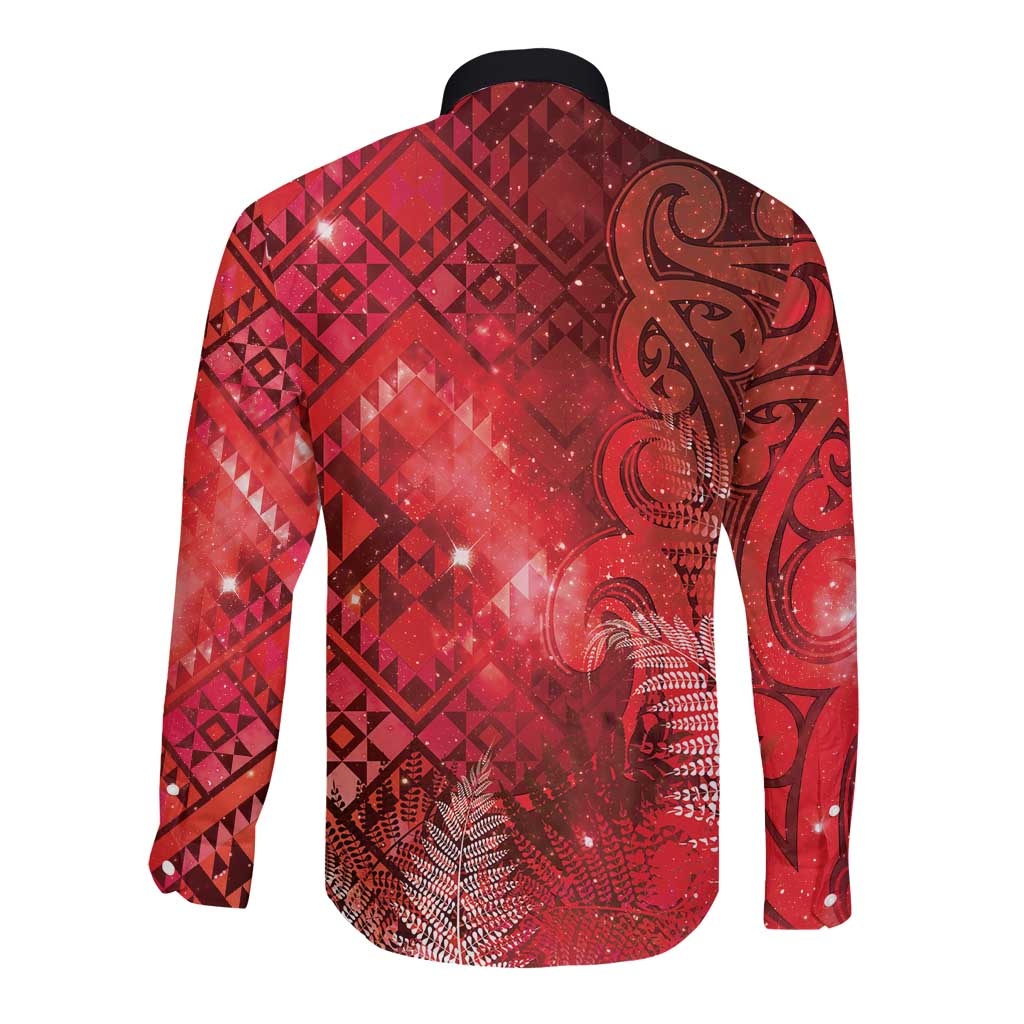 Aotearoa Taniko Matariki Long Sleeve Button Shirt Cosmic Red LT7 - Polynesian Pride
