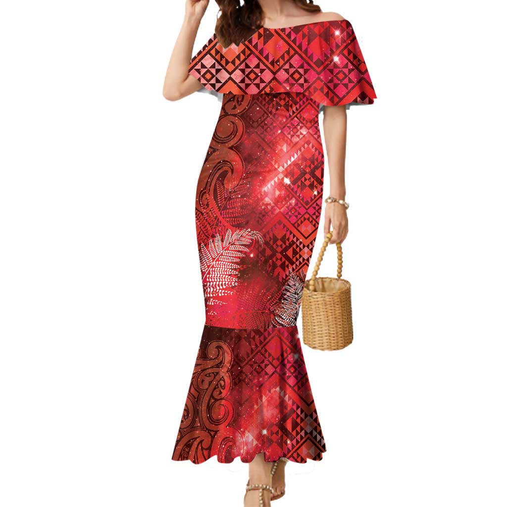 Aotearoa Taniko Matariki Mermaid Dress Cosmic Red LT7 Women Red - Polynesian Pride