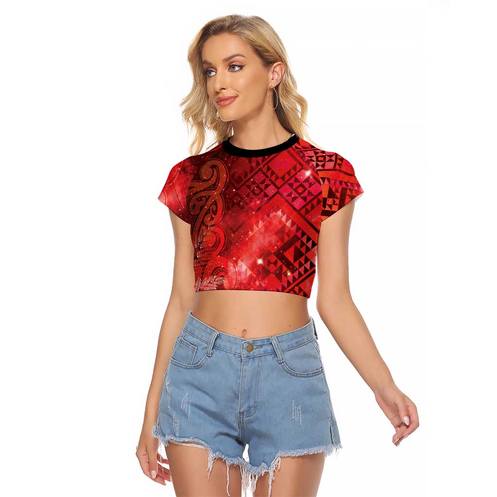 Aotearoa Taniko Matariki Raglan Cropped T Shirt Cosmic Red LT7 Female Red - Polynesian Pride