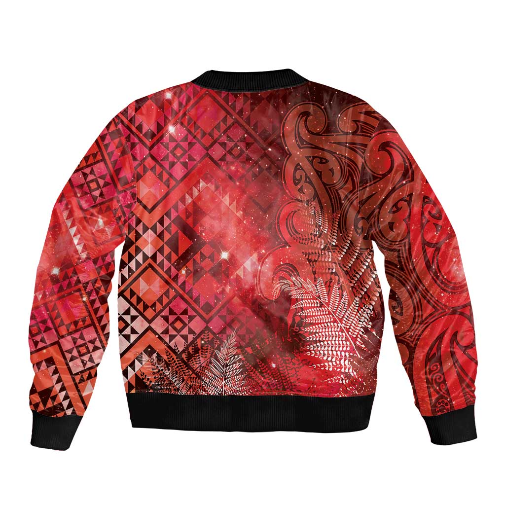 Aotearoa Taniko Matariki Sleeve Zip Bomber Jacket Cosmic Red LT7 - Polynesian Pride