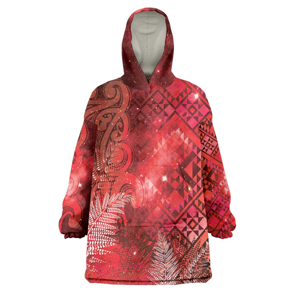 Aotearoa Taniko Matariki Wearable Blanket Hoodie Cosmic Red LT7 One Size Red - Polynesian Pride