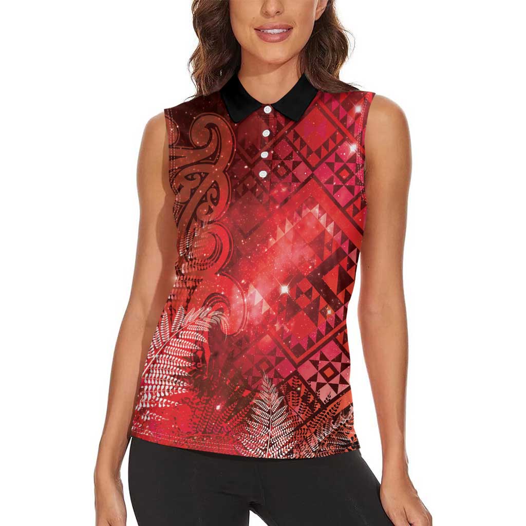 Aotearoa Taniko Matariki Women Sleeveless Polo Shirt Cosmic Red LT7 - Polynesian Pride
