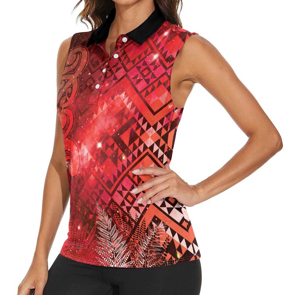 Aotearoa Taniko Matariki Women Sleeveless Polo Shirt Cosmic Red LT7 - Polynesian Pride