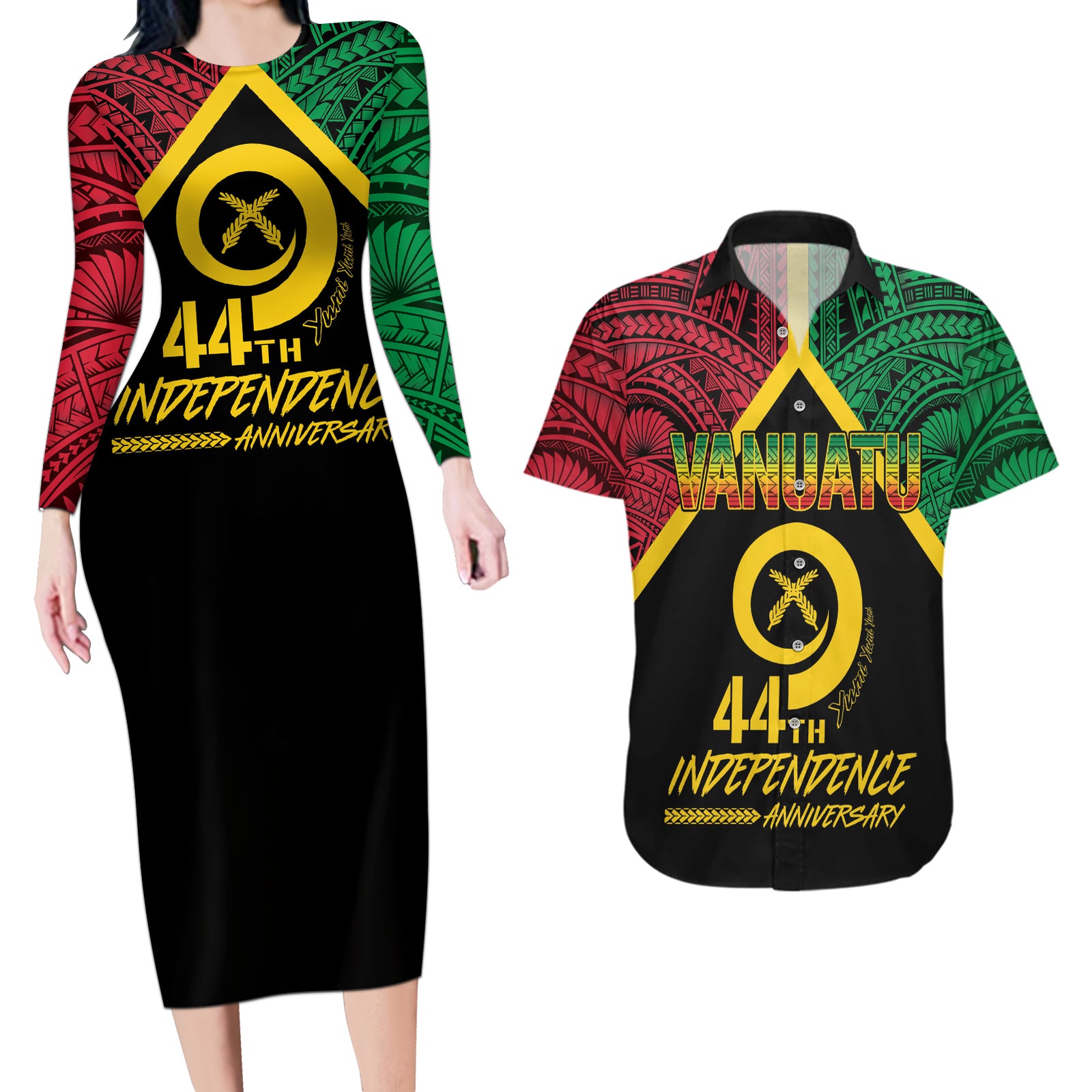 Vanuatu 44th Independence Anniversary Couples Matching Long Sleeve Bodycon Dress and Hawaiian Shirt LT7 Colorful - Polynesian Pride