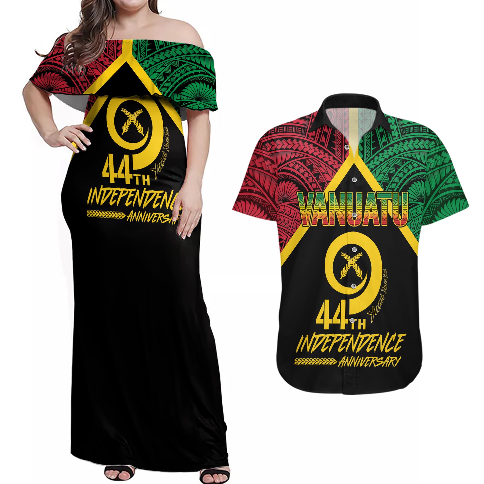Vanuatu 44th Independence Anniversary Couples Matching Off Shoulder Maxi Dress and Hawaiian Shirt LT7 Colorful - Polynesian Pride