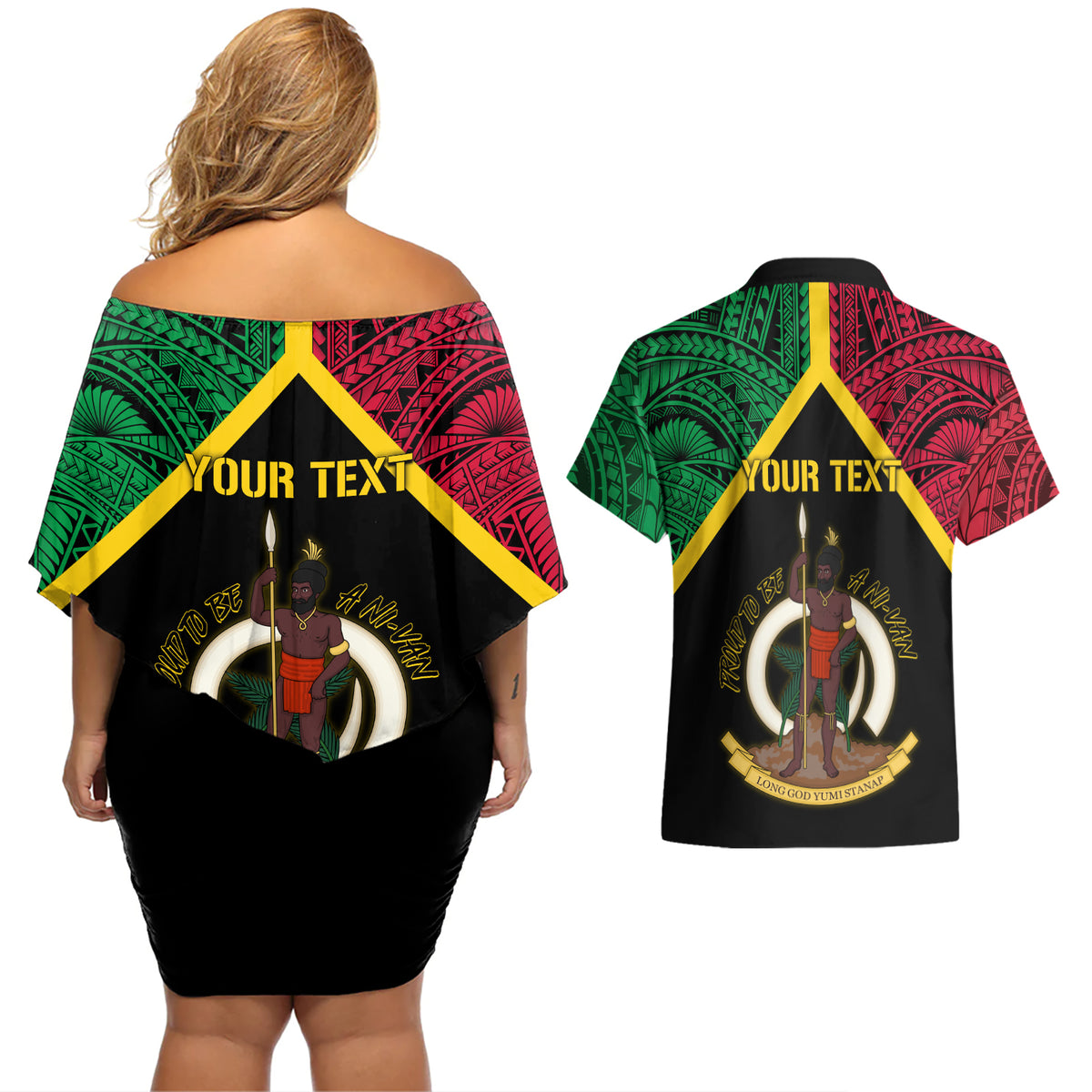 Vanuatu 44th Independence Anniversary Couples Matching Off Shoulder Short Dress and Hawaiian Shirt