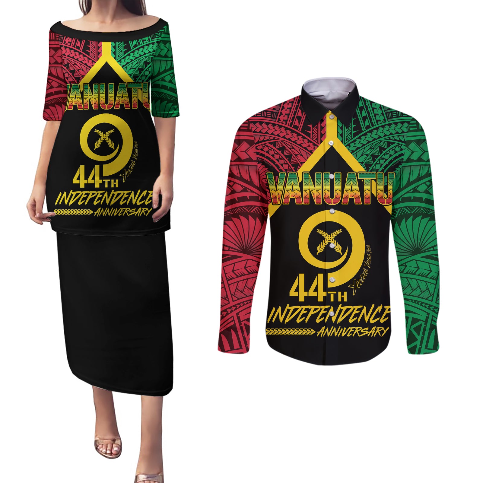 Vanuatu 44th Independence Anniversary Couples Matching Puletasi and Long Sleeve Button Shirt