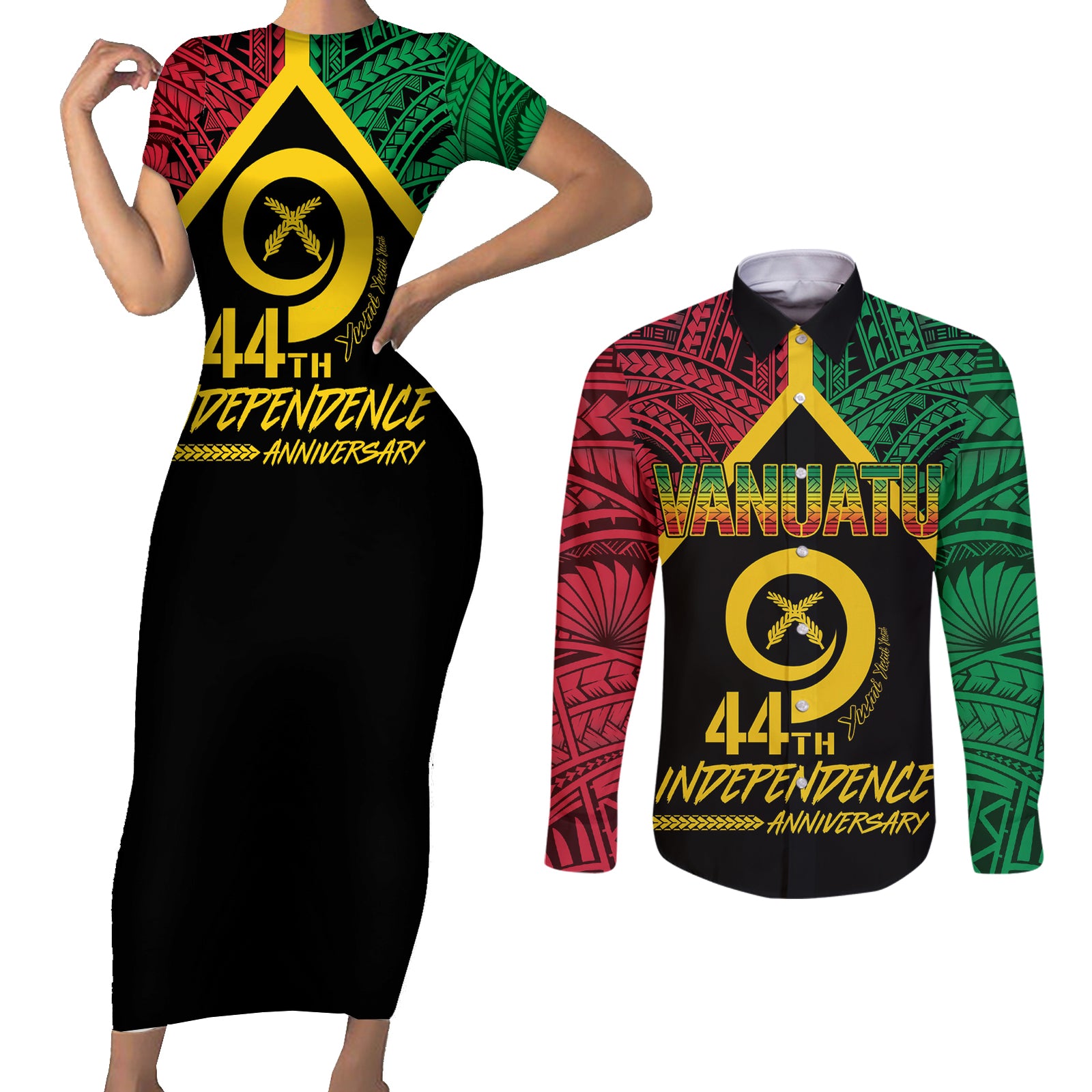Vanuatu 44th Independence Anniversary Couples Matching Short Sleeve Bodycon Dress and Long Sleeve Button Shirt