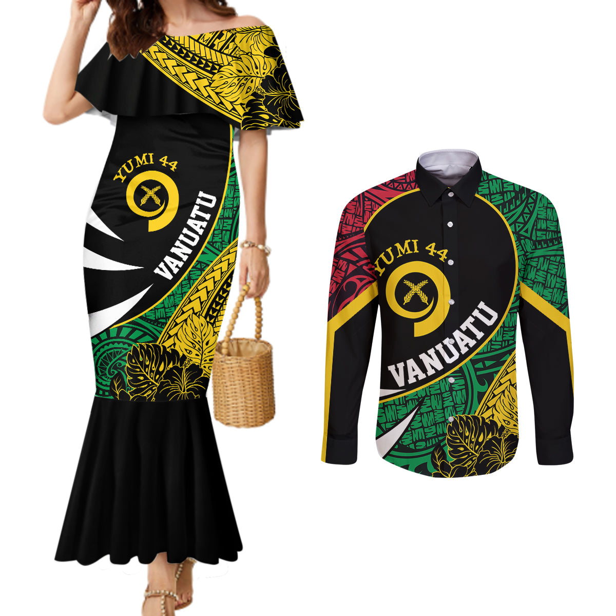 Vanuatu Independence Day Yumi 44 Couples Matching Mermaid Dress and Long Sleeve Button Shirt
