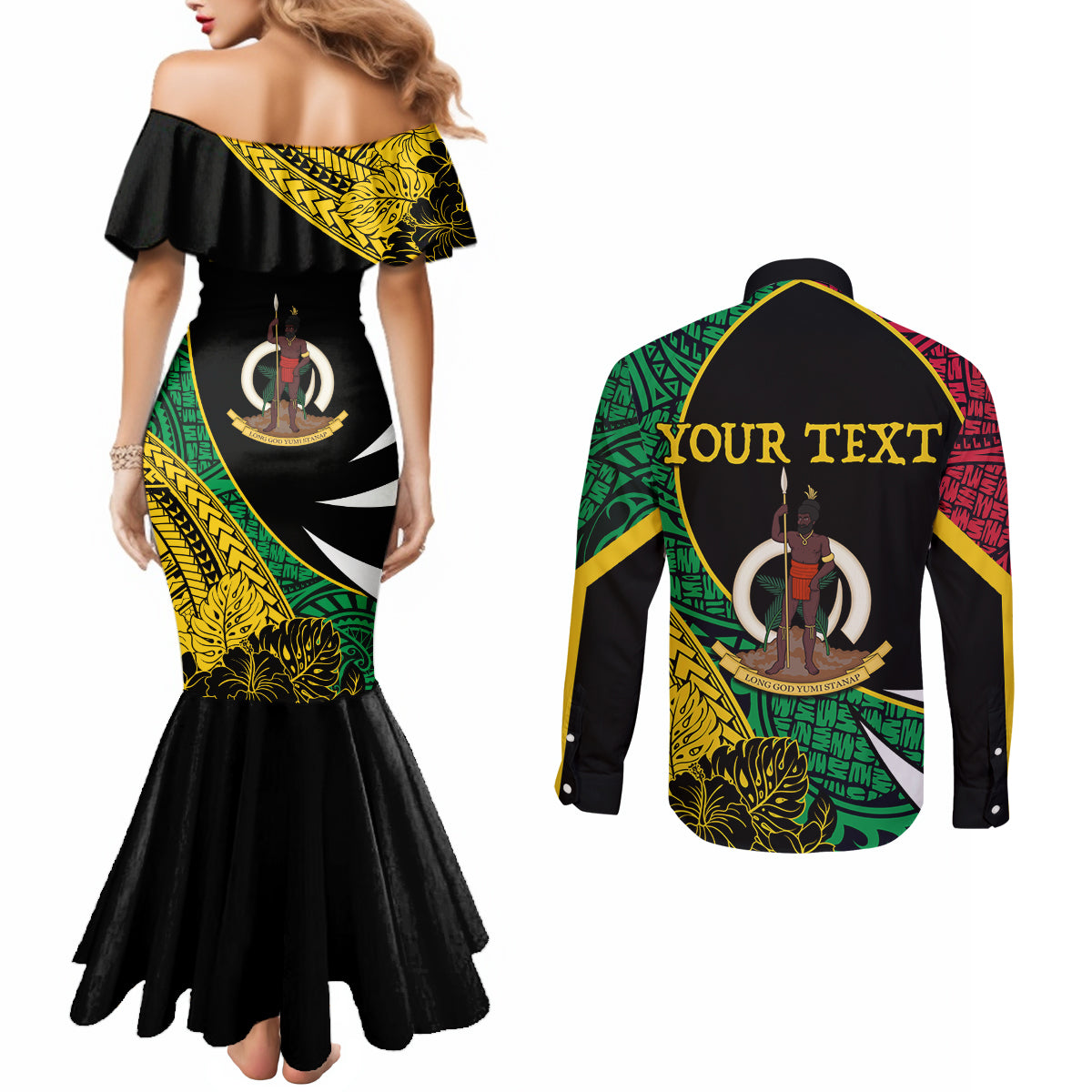 Vanuatu Independence Day Yumi 44 Couples Matching Mermaid Dress and Long Sleeve Button Shirt