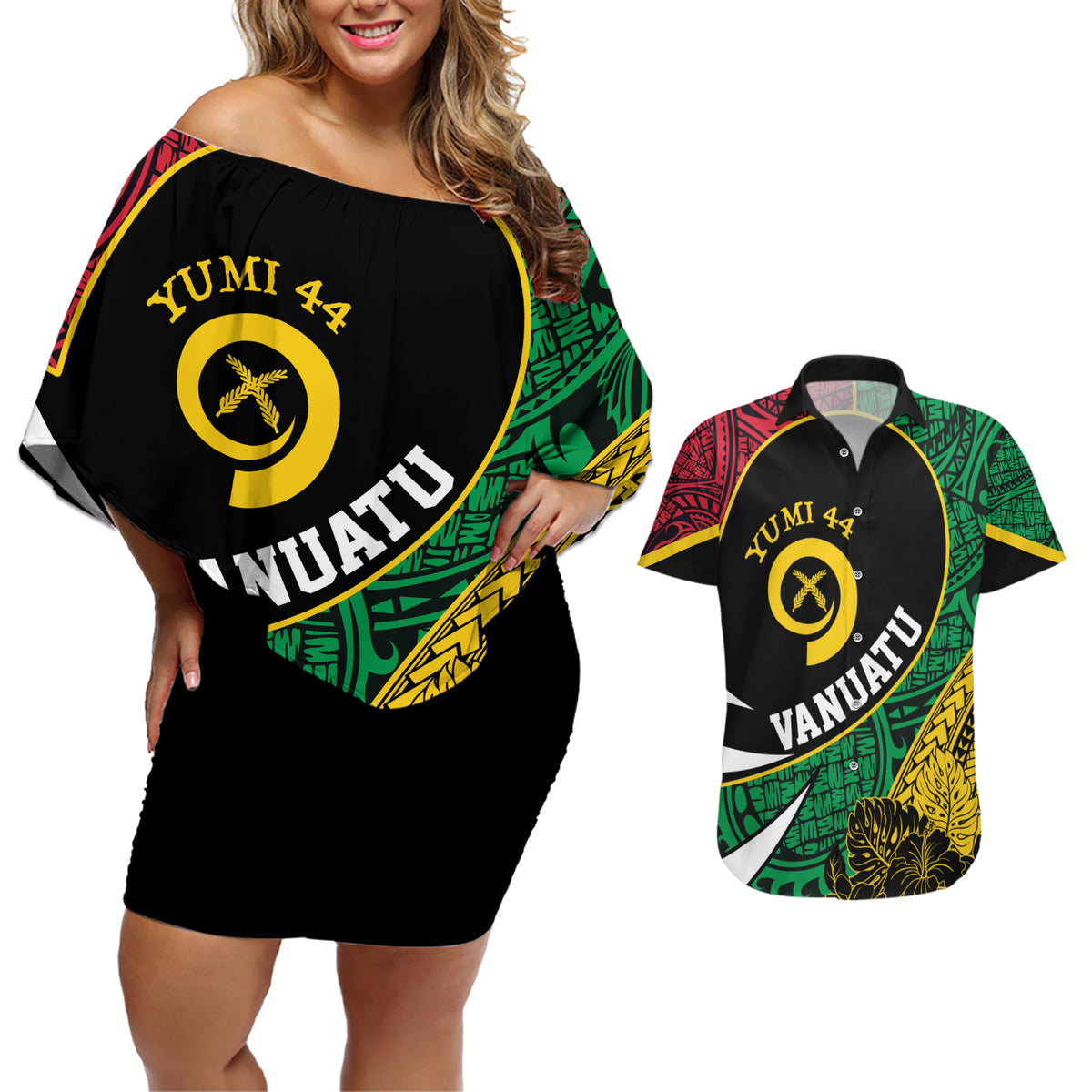 Vanuatu Independence Day Yumi 44 Couples Matching Off Shoulder Short Dress and Hawaiian Shirt