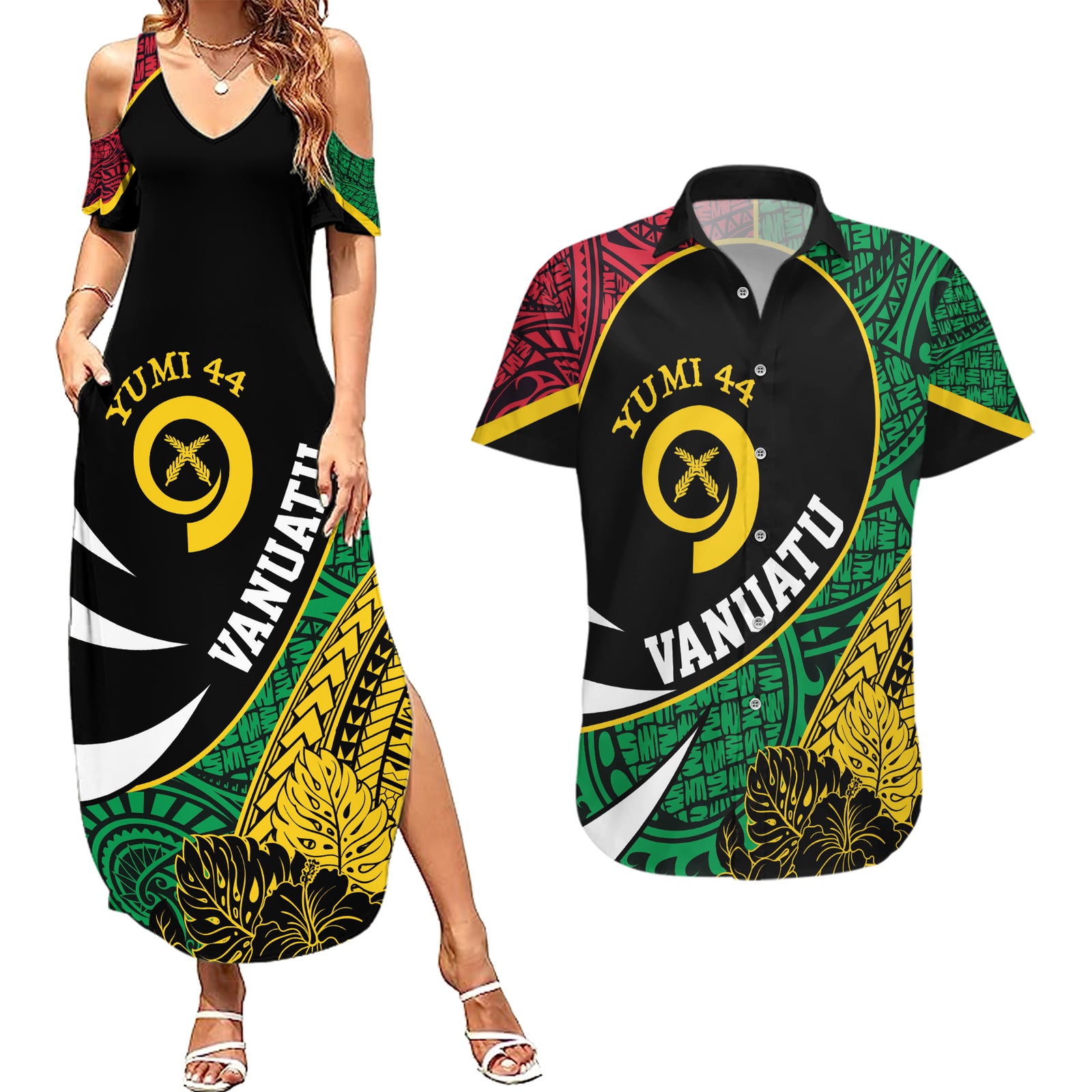 Vanuatu Independence Day Yumi 44 Couples Matching Summer Maxi Dress and Hawaiian Shirt