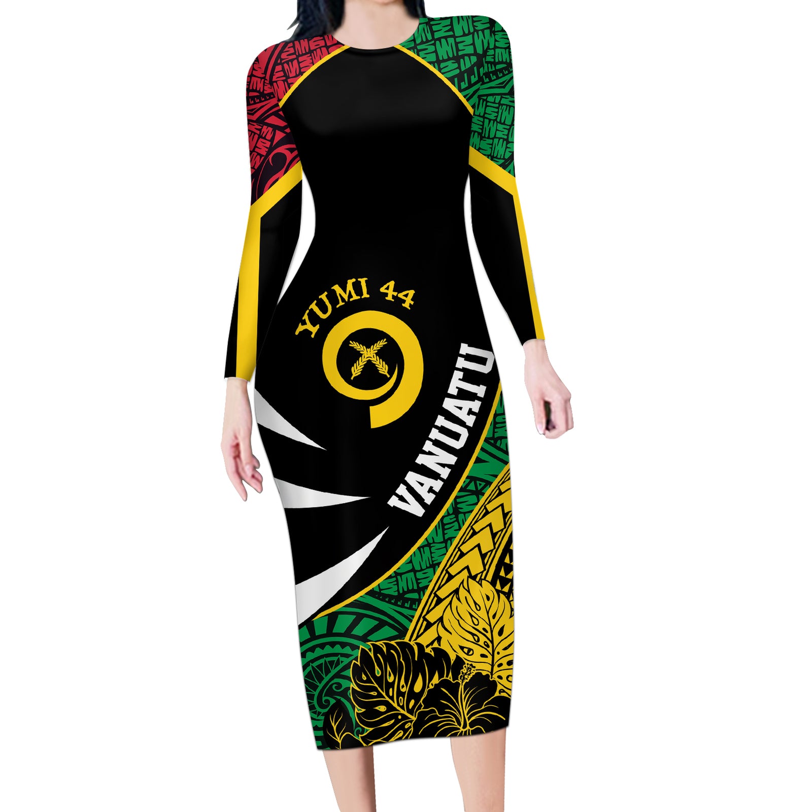 Vanuatu Independence Day Yumi 44 Long Sleeve Bodycon Dress LT7 Long Dress Colorful - Polynesian Pride