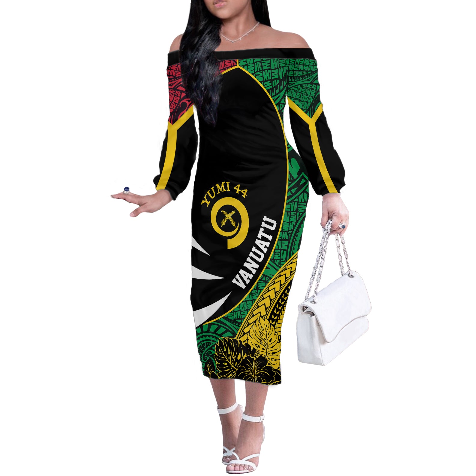Vanuatu Independence Day Yumi 44 Off The Shoulder Long Sleeve Dress LT7 Women Colorful - Polynesian Pride