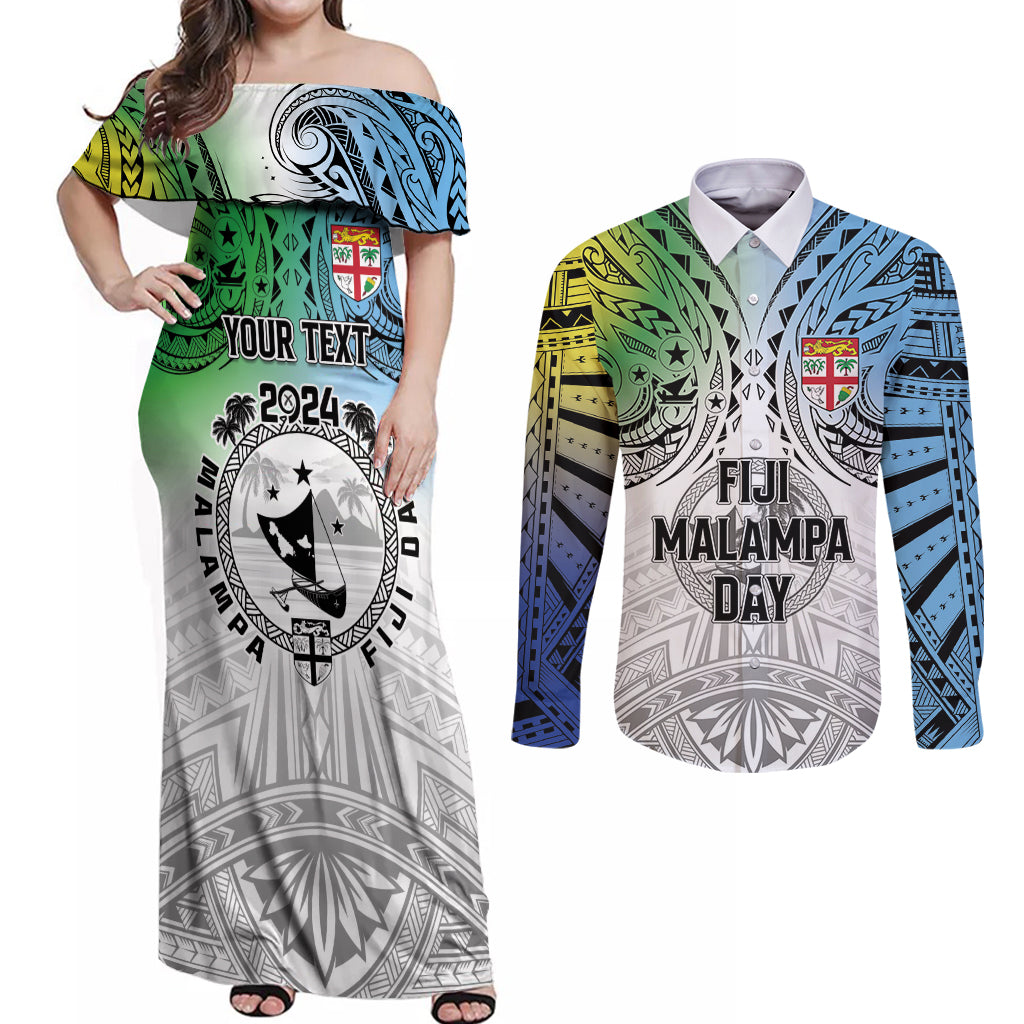 Malampa Fiji Day Couples Matching Off Shoulder Maxi Dress and Long Sleeve Button Shirt Gradient Style