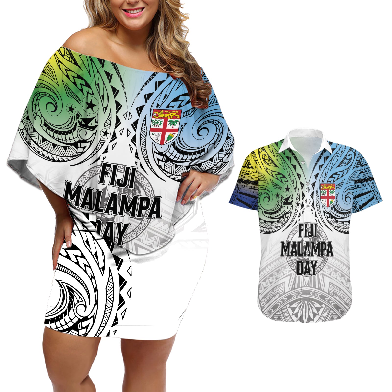 Malampa Fiji Day Couples Matching Off Shoulder Short Dress and Hawaiian Shirt Gradient Style
