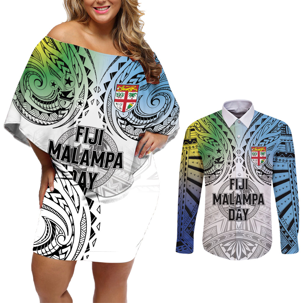 Malampa Fiji Day Couples Matching Off Shoulder Short Dress and Long Sleeve Button Shirt Gradient Style