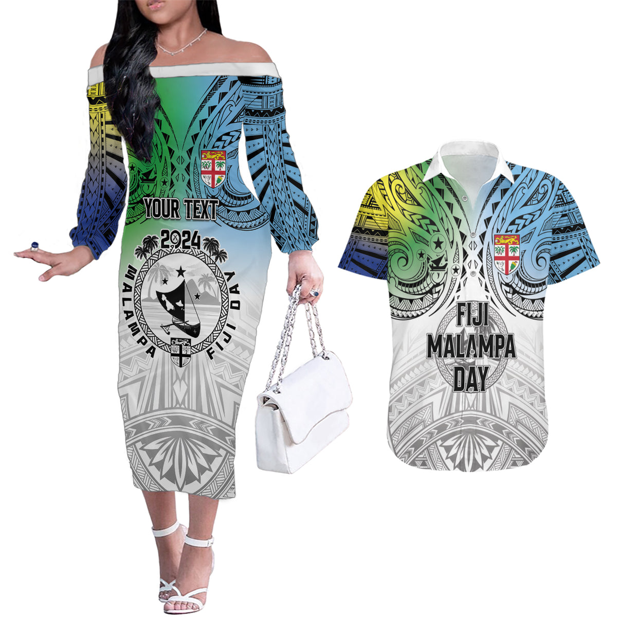 Malampa Fiji Day Couples Matching Off The Shoulder Long Sleeve Dress and Hawaiian Shirt Gradient Style