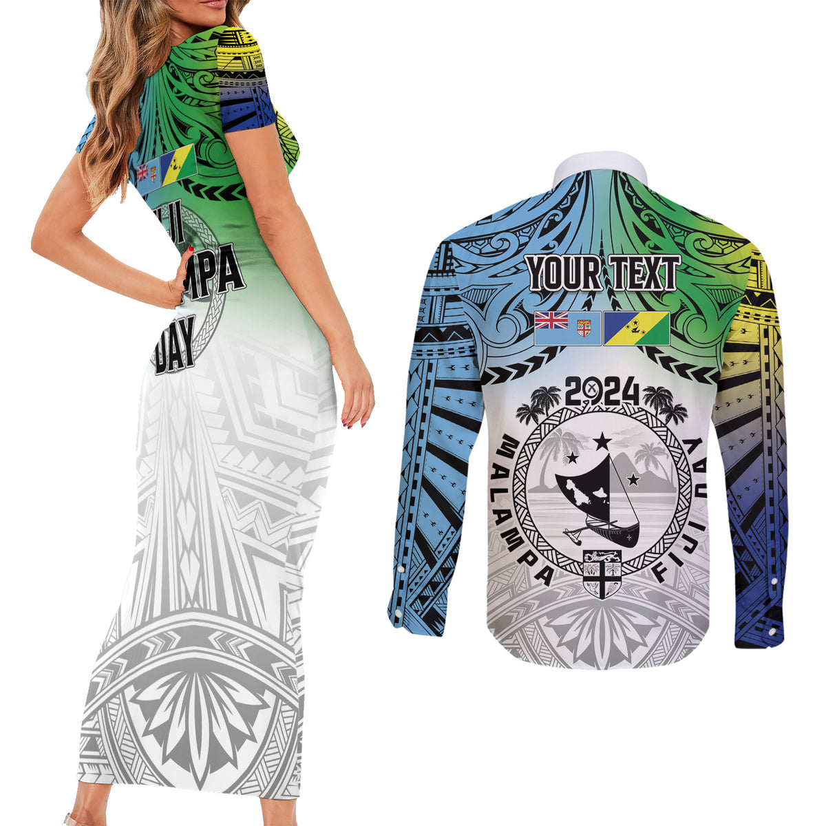 Malampa Fiji Day Couples Matching Short Sleeve Bodycon Dress and Long Sleeve Button Shirt Gradient Style