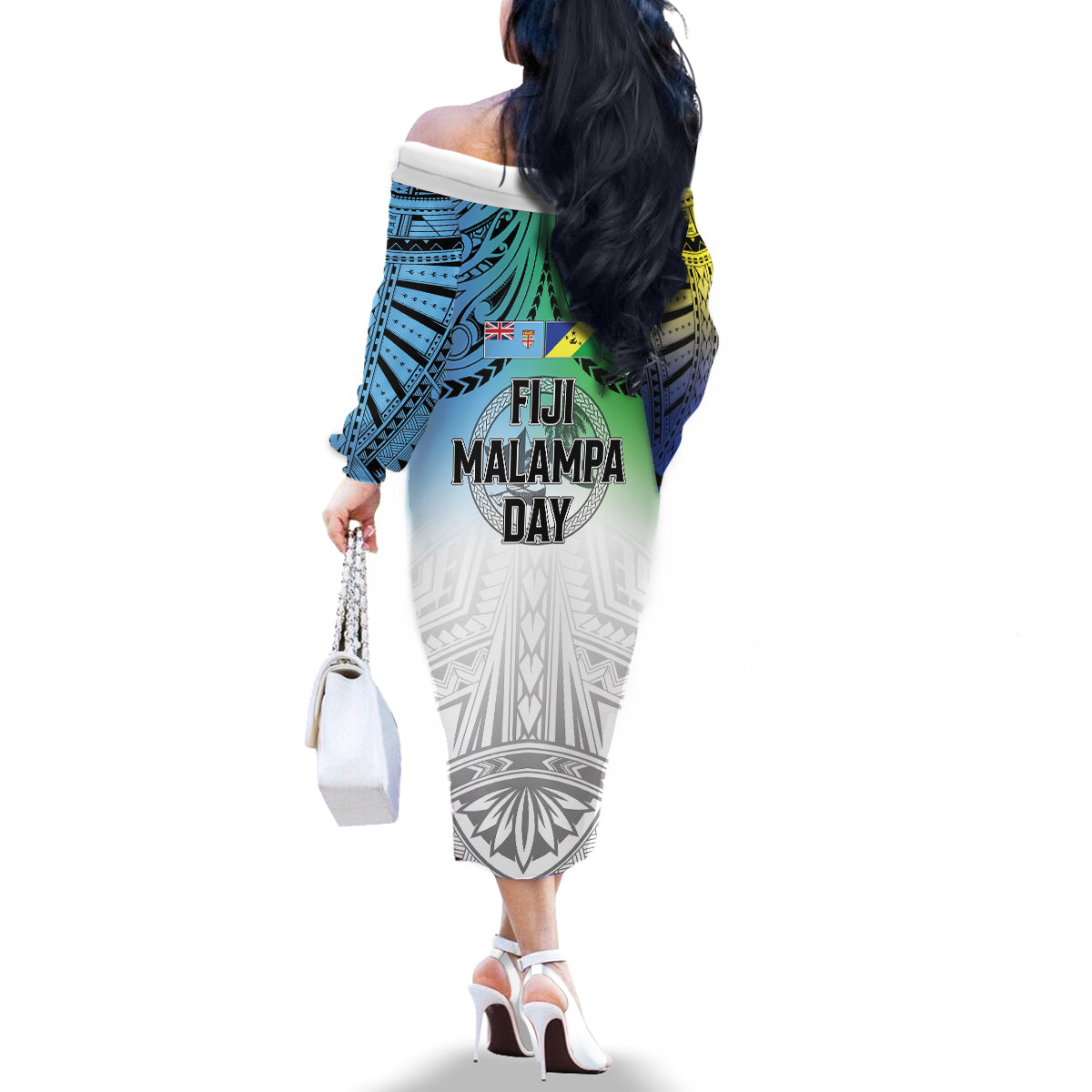 Malampa Fiji Day Family Matching Off The Shoulder Long Sleeve Dress and Hawaiian Shirt Gradient Style