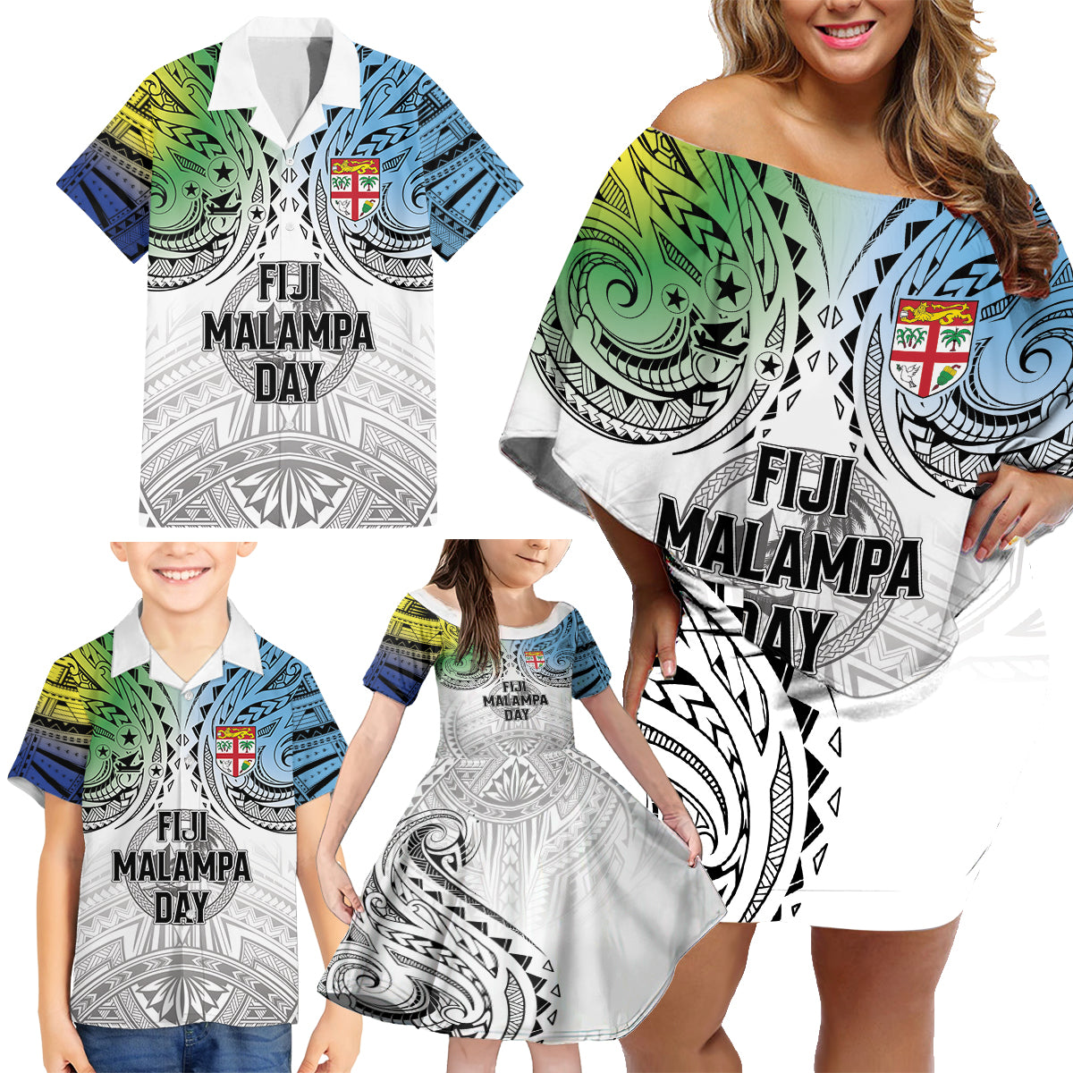 Malampa Fiji Day Family Matching Off Shoulder Short Dress and Hawaiian Shirt Gradient Style