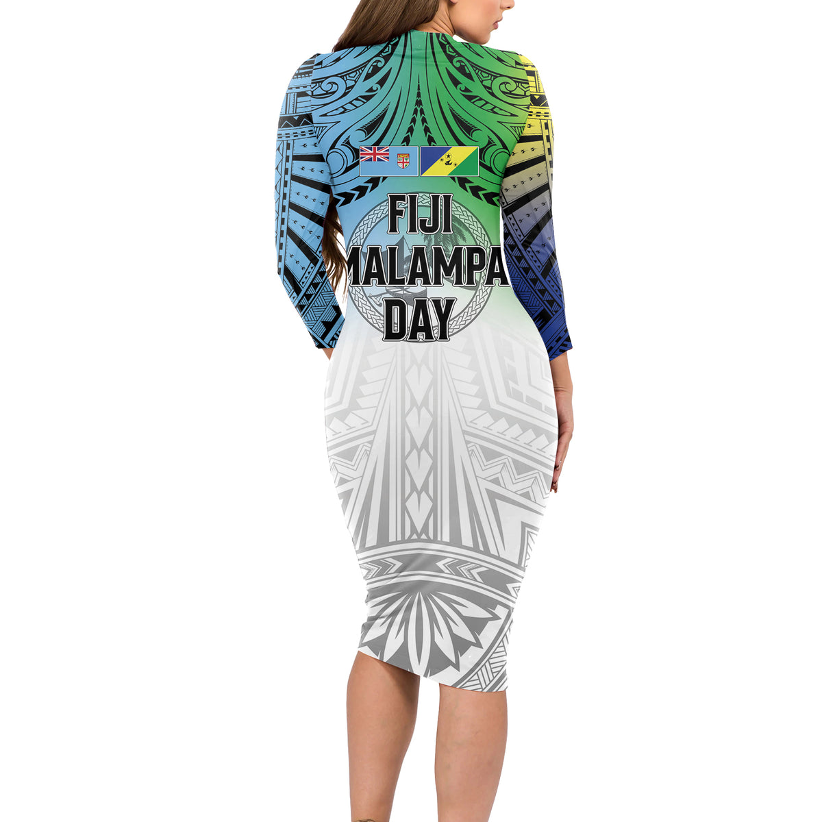 Malampa Fiji Day Long Sleeve Bodycon Dress Gradient Style