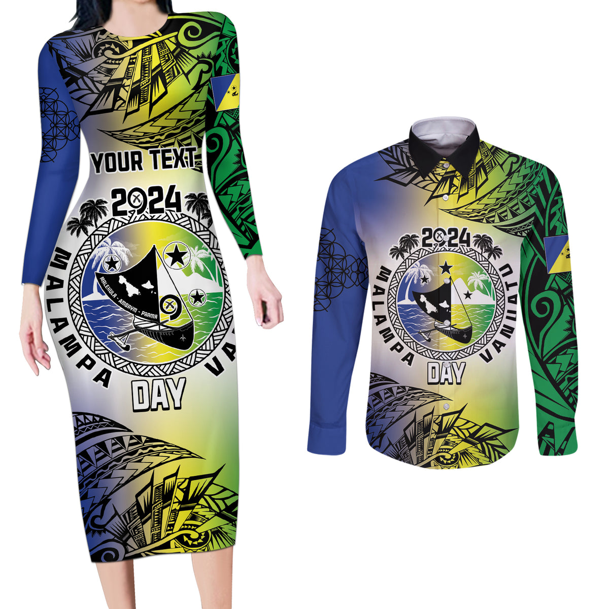 Malampa Day Couples Matching Long Sleeve Bodycon Dress and Long Sleeve Button Shirt Emblem Gradient Style