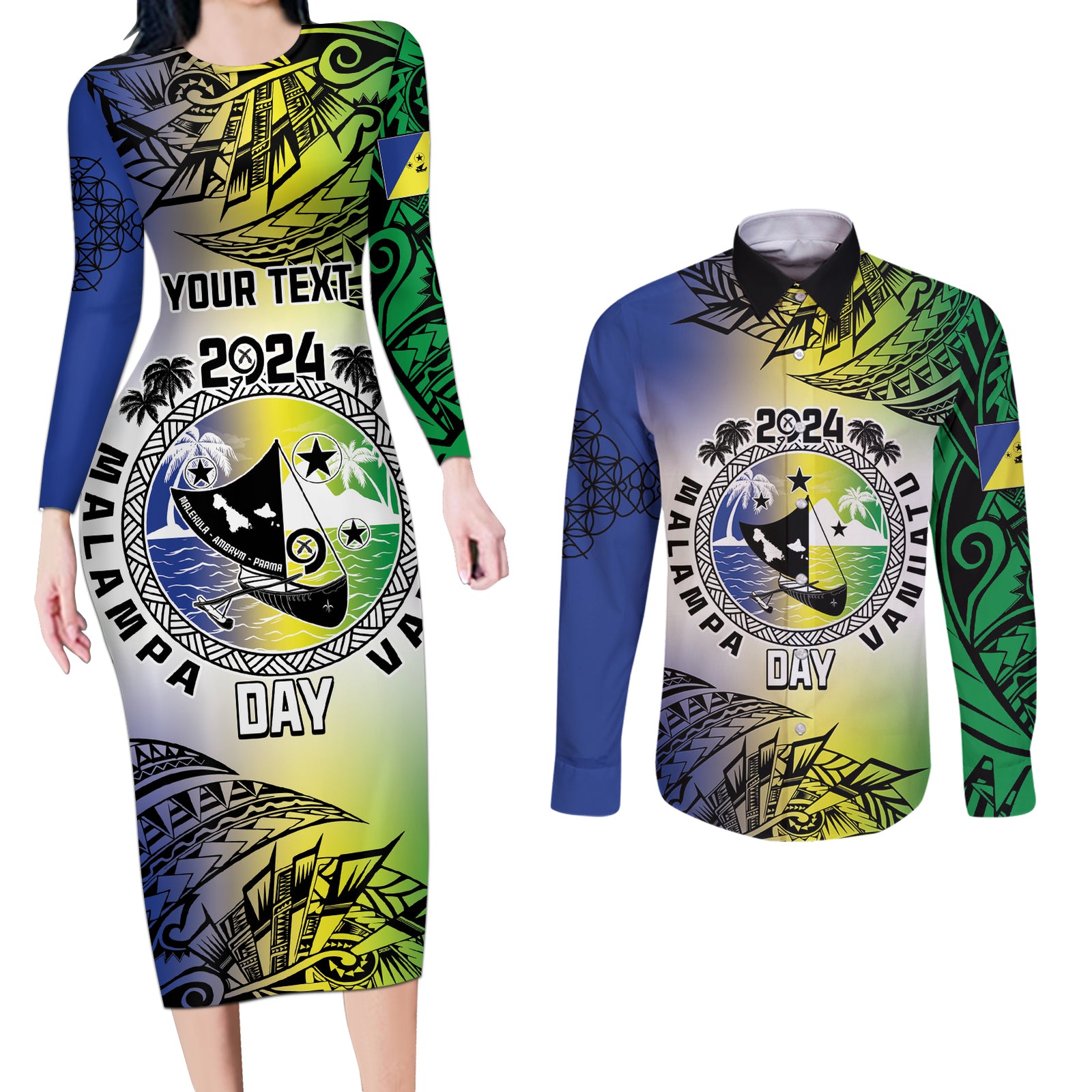 Malampa Day Couples Matching Long Sleeve Bodycon Dress and Long Sleeve Button Shirt Emblem Gradient Style
