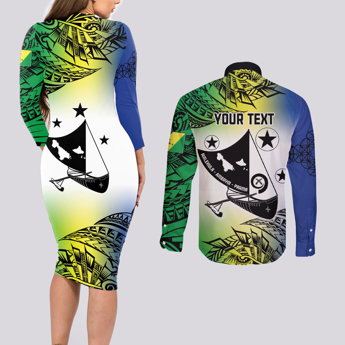 Malampa Day Couples Matching Long Sleeve Bodycon Dress and Long Sleeve Button Shirt Emblem Gradient Style