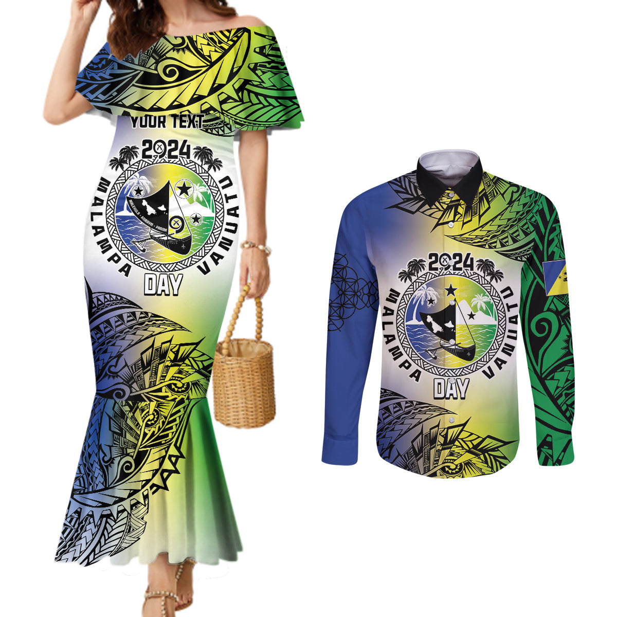 Malampa Day Couples Matching Mermaid Dress and Long Sleeve Button Shirt Emblem Gradient Style