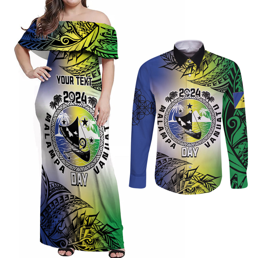 Malampa Day Couples Matching Off Shoulder Maxi Dress and Long Sleeve Button Shirt Emblem Gradient Style